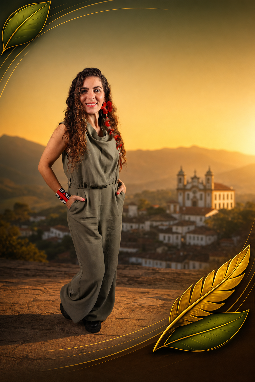 Flávia Maitri, pré-candidata a Deputada Federal por Minas Gerais, em pé diante do amanhecer sobre o casario histórico de Minas Gerais